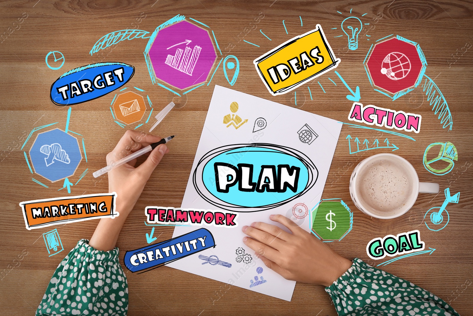 Image of Strategic planning concept. Scheme and woman with sheet of paper on background, top view