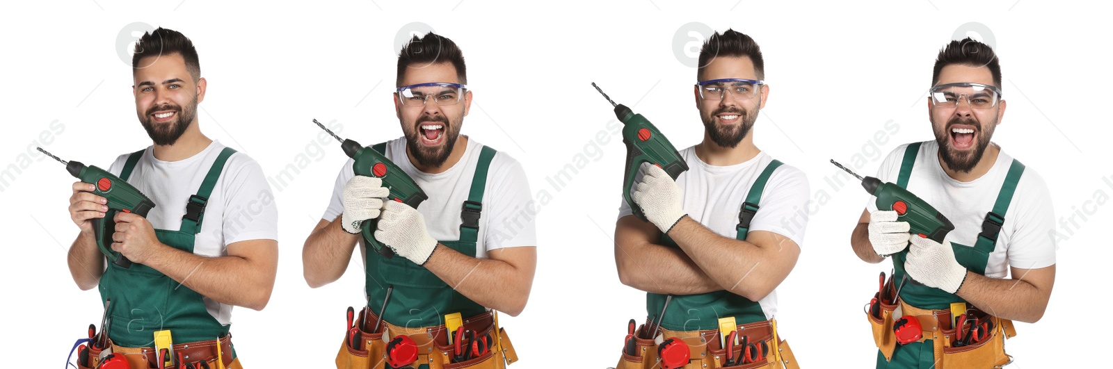 Image of Collage with photos of young worker in uniform with power drill on white background. Banner design