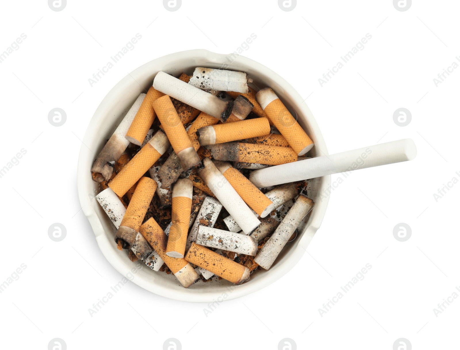 Photo of Ceramic ashtray full of cigarette stubs isolated on white, top view