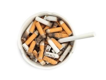 Photo of Ceramic ashtray full of cigarette stubs isolated on white, top view