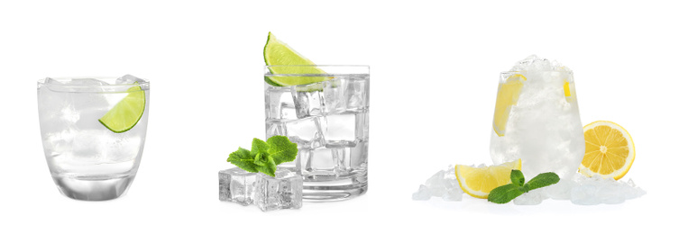 Image of Set of delicious cocktails with ice cubes on white background