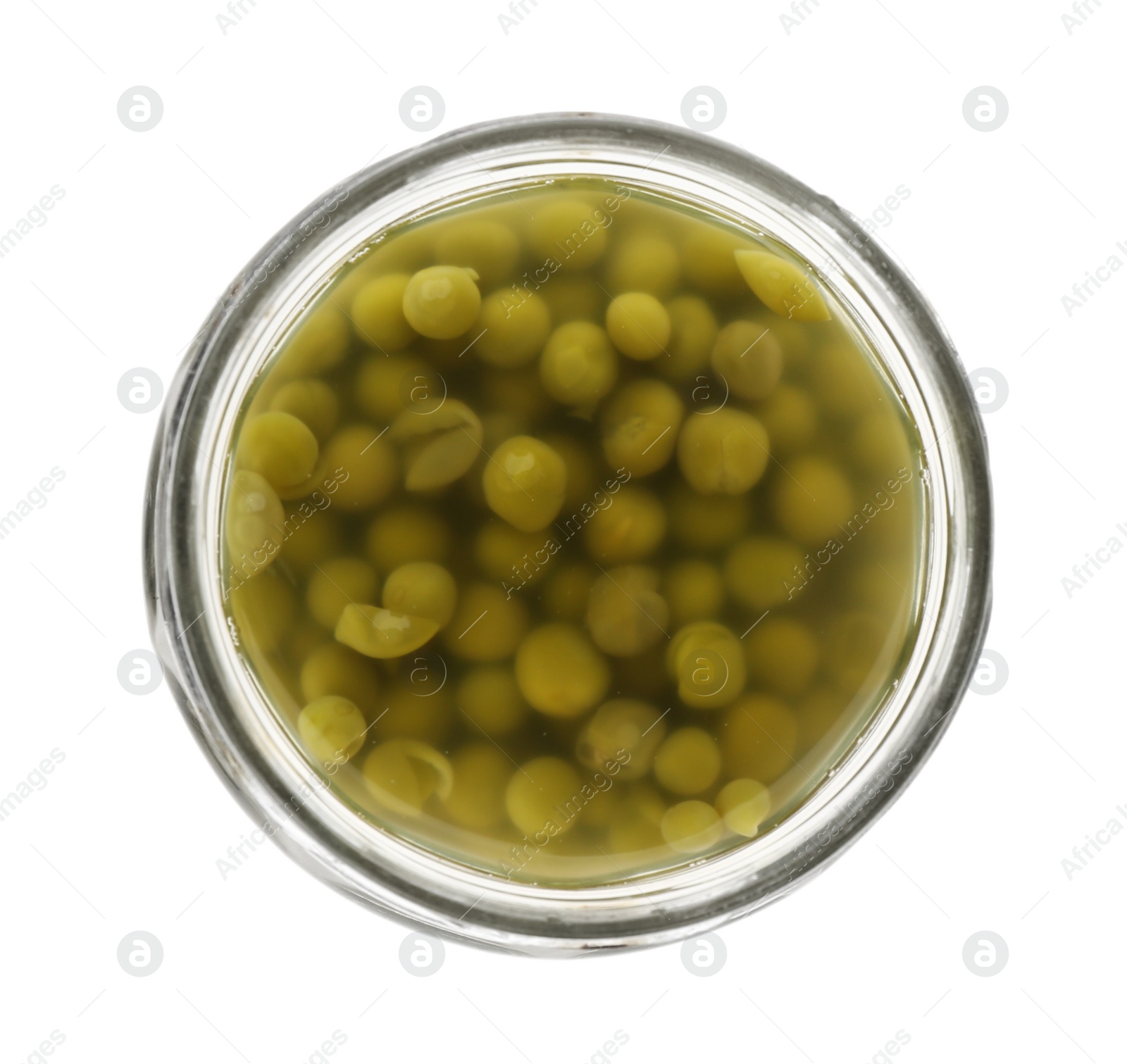 Photo of Jar of pickled peas isolated on white, top view