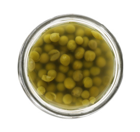Photo of Jar of pickled peas isolated on white, top view