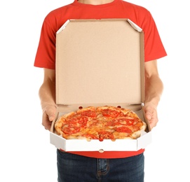 Photo of Young man with opened pizza box on white background. Food delivery service