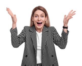 Photo of Beautiful excited businesswoman in suit on white background