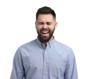 Portrait of sad man on white background