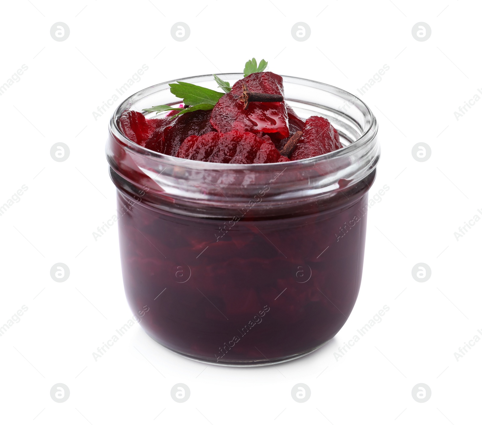 Photo of Pickled beets in jar isolated on white