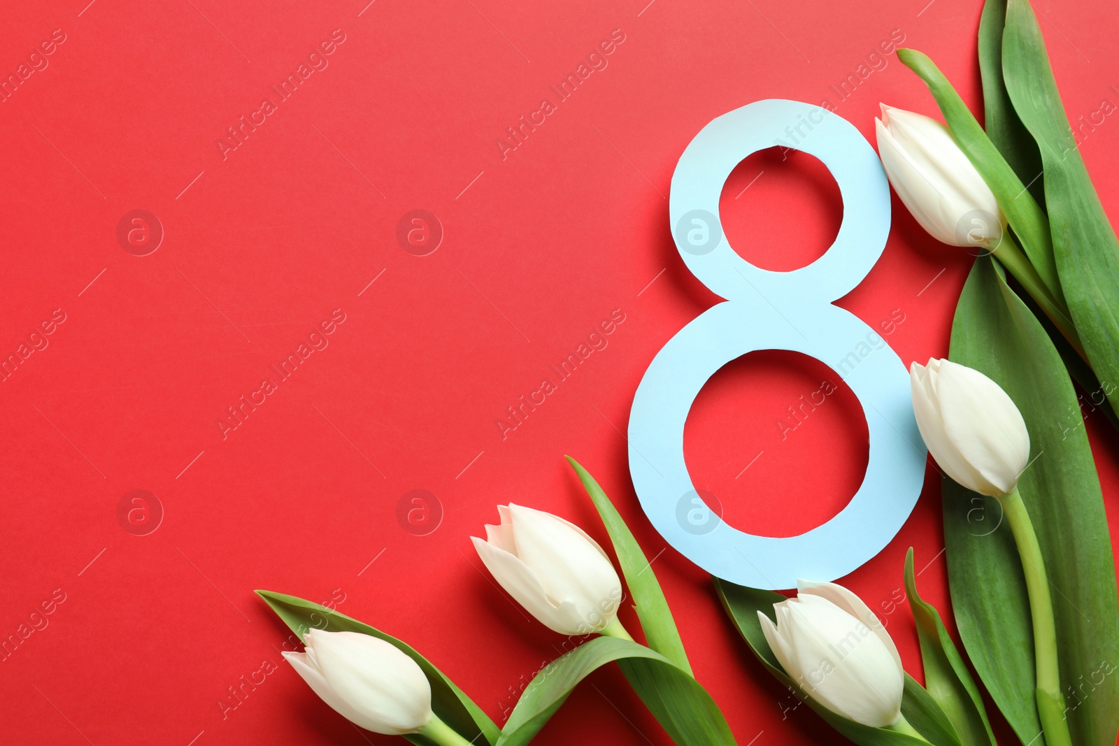 Photo of 8 March card design with tulips and space for text on red background, flat lay. International Women's Day