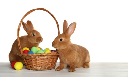 Cute bunnies and basket with Easter eggs on table against white background