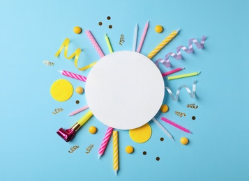 Photo of Flat lay composition with birthday party items on color background