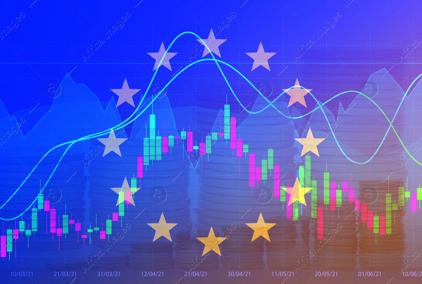 Image of Stock exchange. Multiple exposure with European flag, coins, and trading graphs