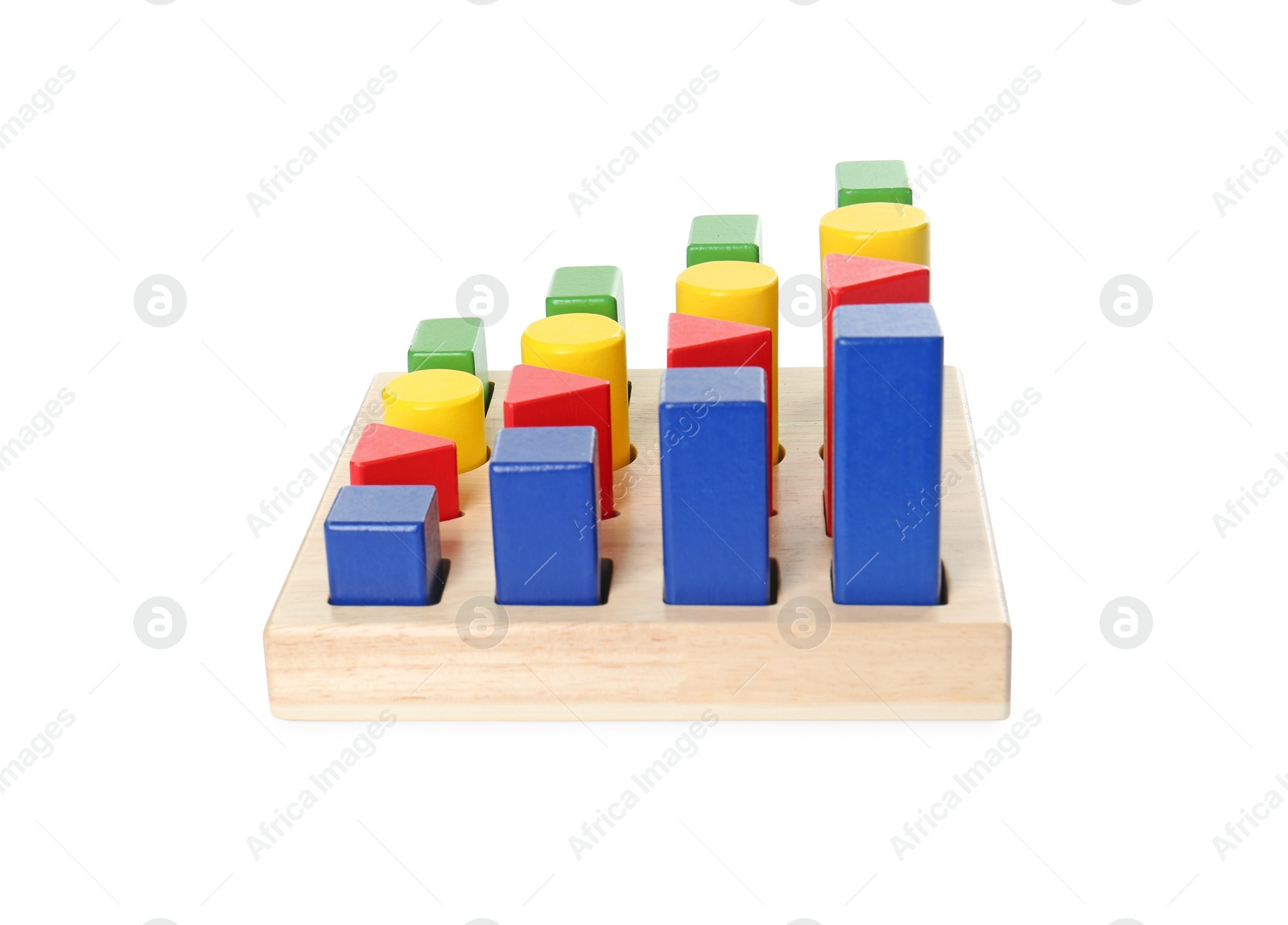 Photo of Wooden sorter with colorful geometric figures isolated on white. Children's toy