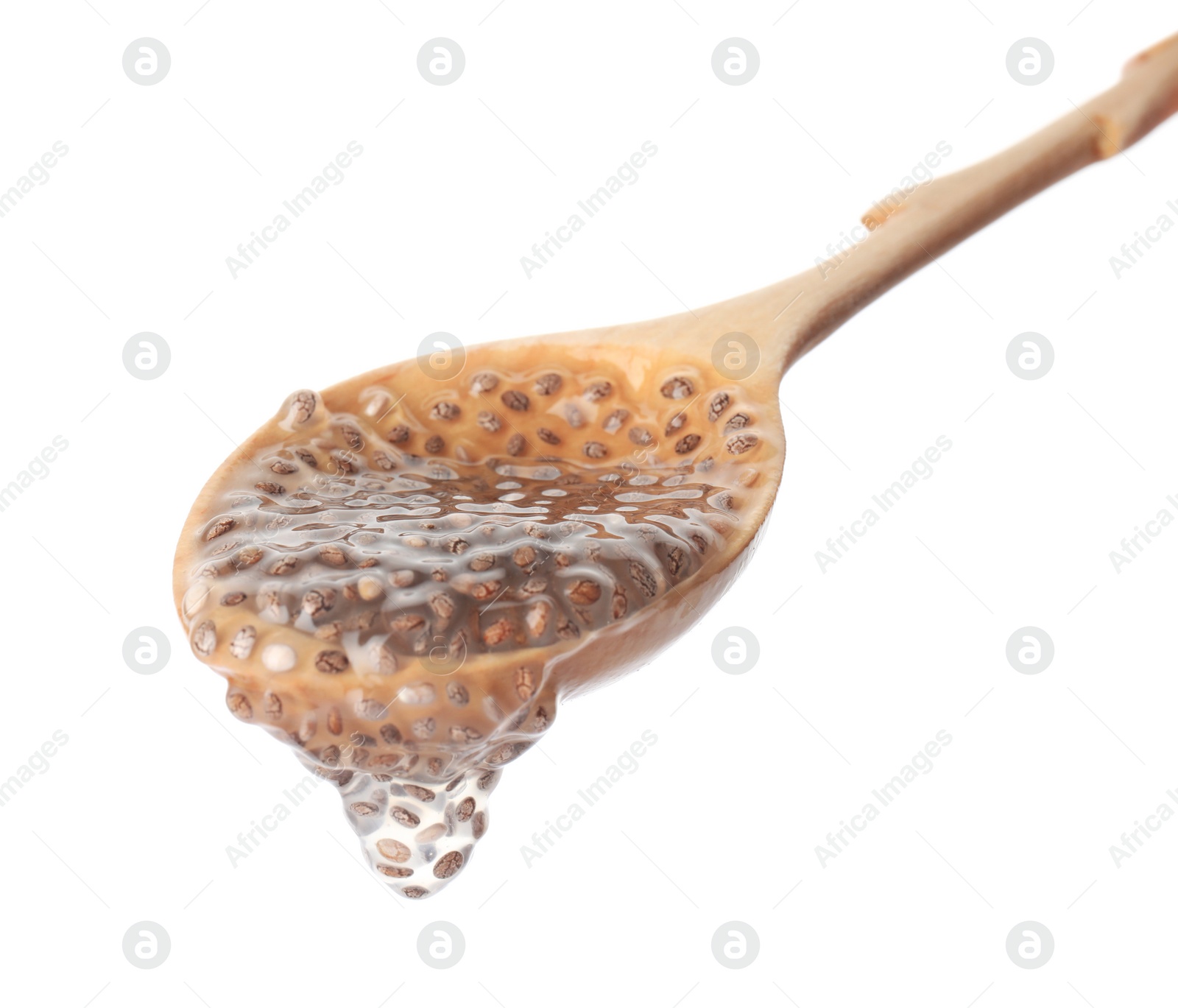 Photo of Spoon with chia seeds in water on white background