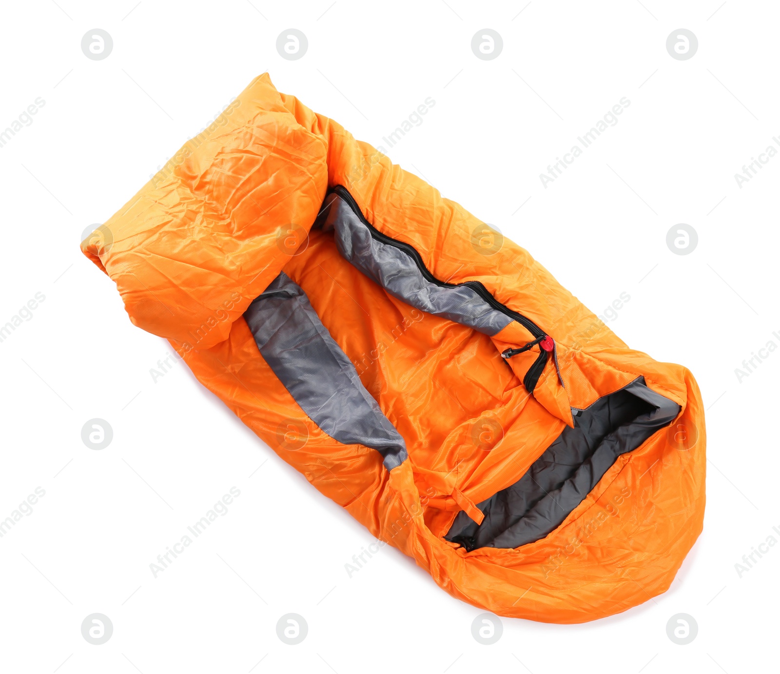 Photo of Sleeping bag on white background, top view. Camping equipment