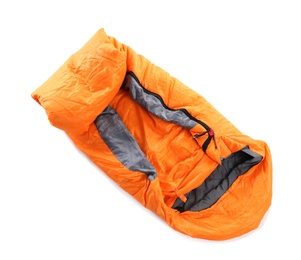 Photo of Sleeping bag on white background, top view. Camping equipment