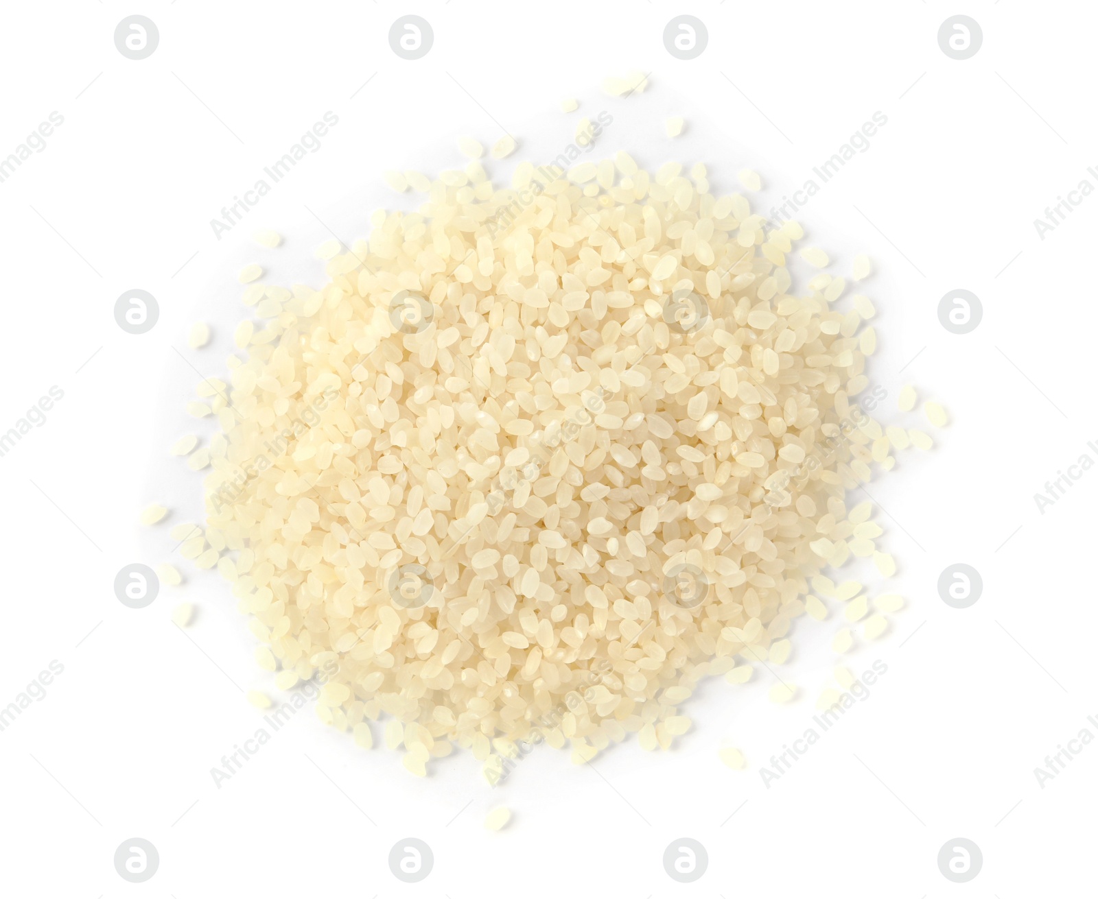 Photo of Pile of raw rice isolated on white, top view