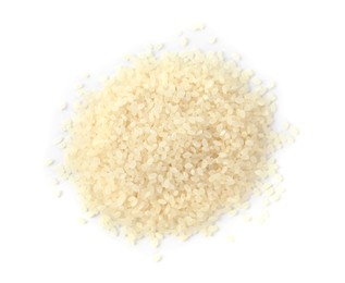 Photo of Pile of raw rice isolated on white, top view