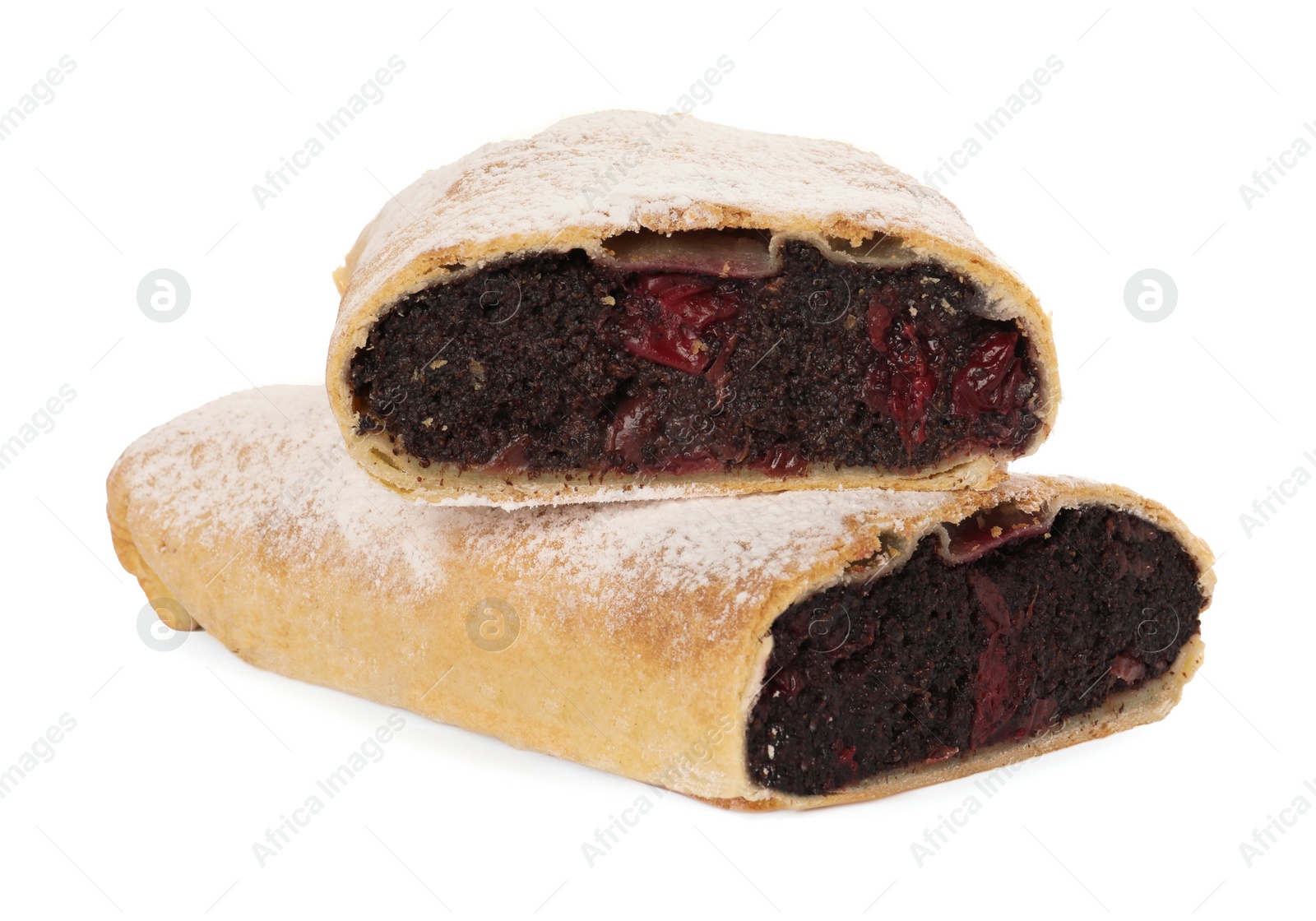 Photo of Delicious cut strudel with cherries and poppy seeds isolated on white