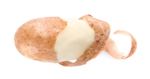 Ripe half-peeled organic potato on white background