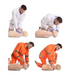 Image of Doctor practicing first aid on mannequin against white background, collage