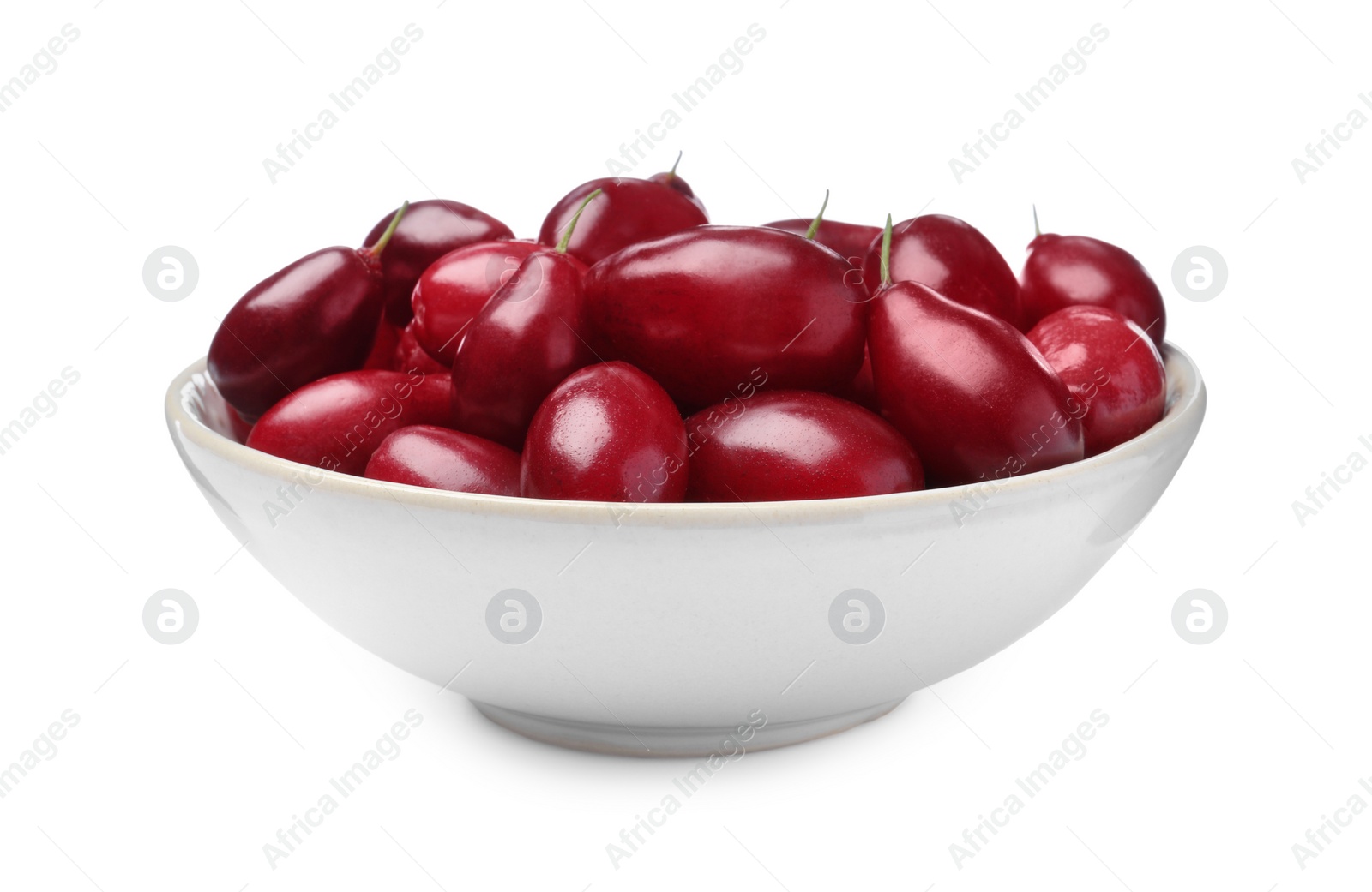 Photo of Fresh ripe dogwood berries in bowl on white background