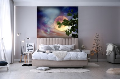 Image of Light bedroom. Interior with comfortable bed and beautiful wallpapers