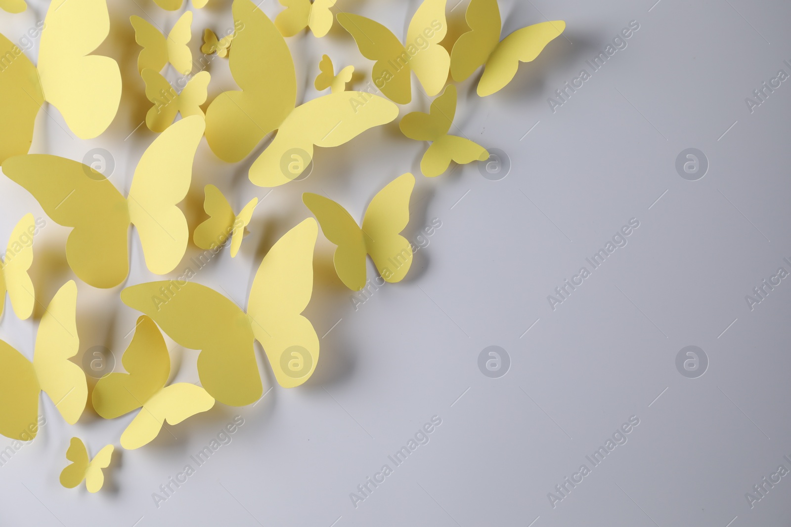 Photo of Yellow paper butterflies on light grey background, top view. Space for text