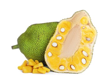 Photo of Cut and whole delicious fresh exotic jackfruits on white background