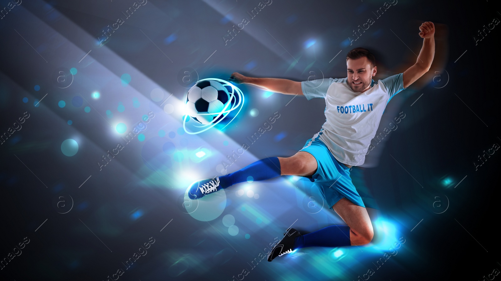 Image of Shot of football player in action. Creative banner design