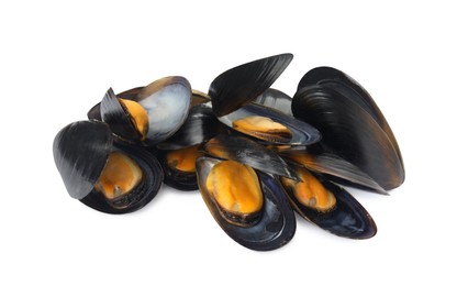 Photo of Delicious cooked mussels in shells on white background