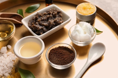 Photo of Ingredients for natural body scrub on metal tray