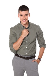 Portrait of handsome young man on white background