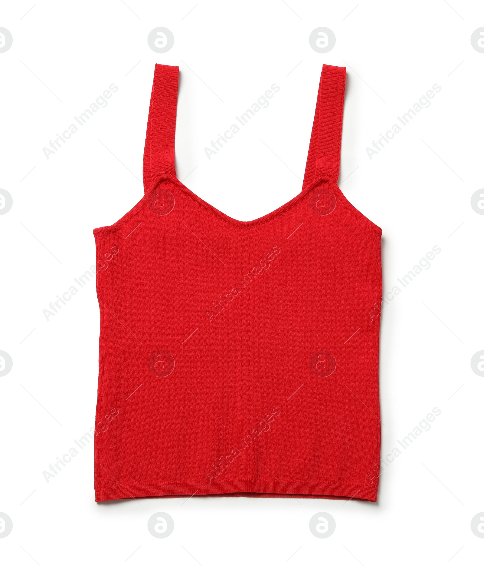 Photo of Bright red sleeveless shirt isolated on white, top view