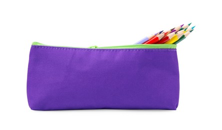 Many colorful pencils in pencil case isolated on white