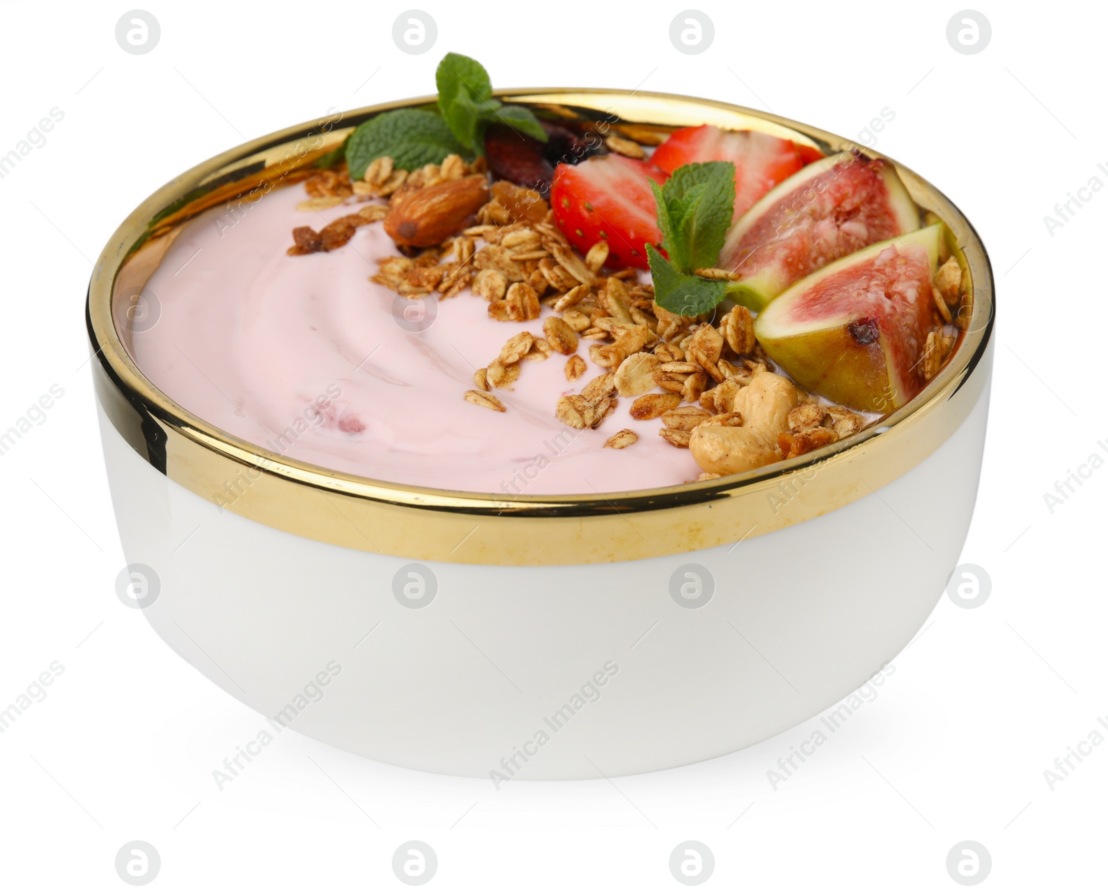 Photo of Bowl with yogurt, fruits and granola isolated on white