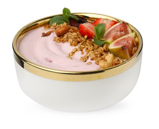 Photo of Bowl with yogurt, fruits and granola isolated on white