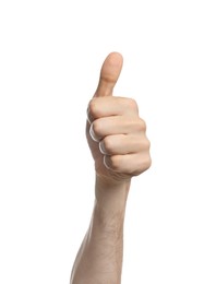 Photo of Man showing thumb up on white background, closeup