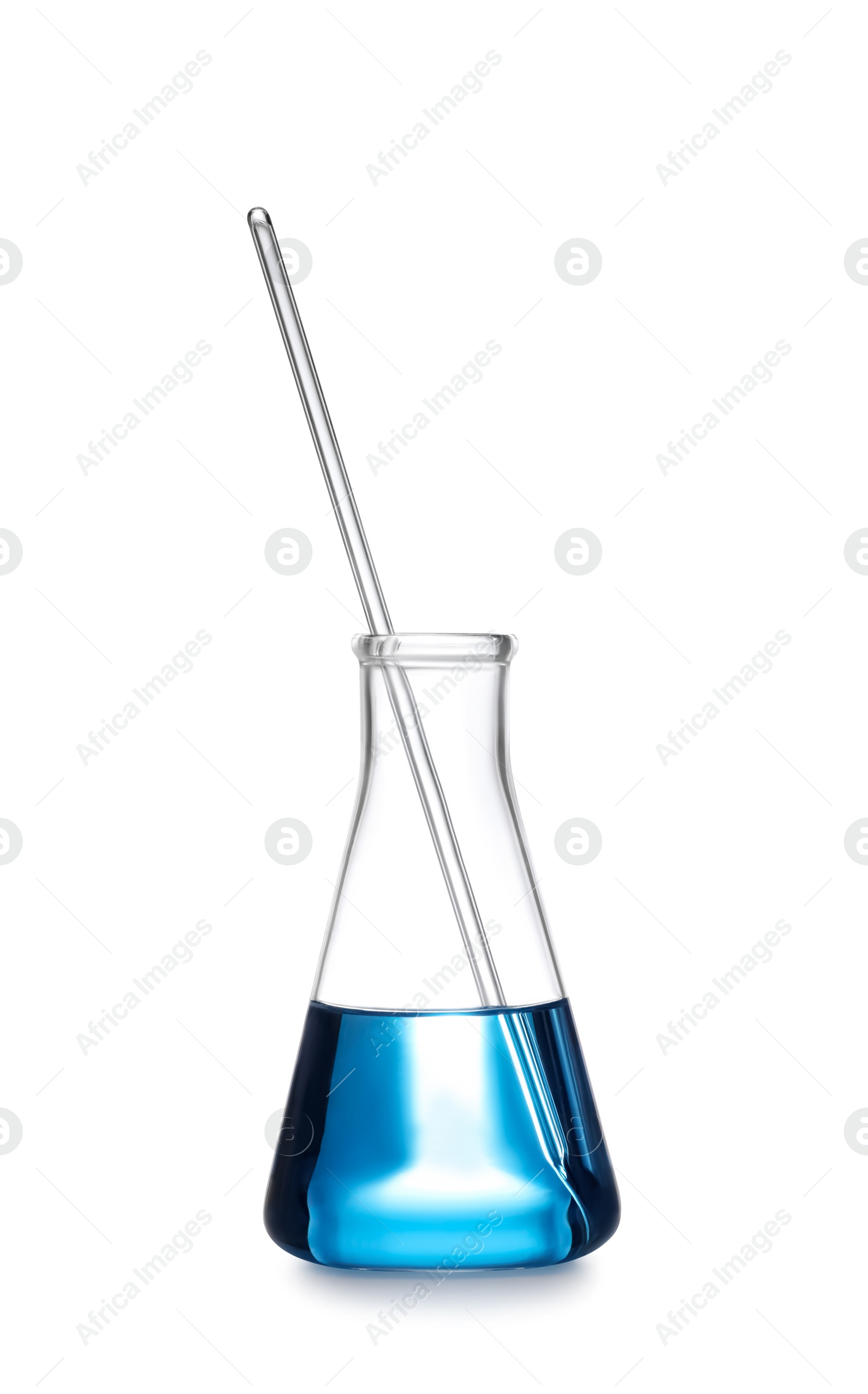 Photo of Conical flask with blue liquid isolated on white. Laboratory glassware