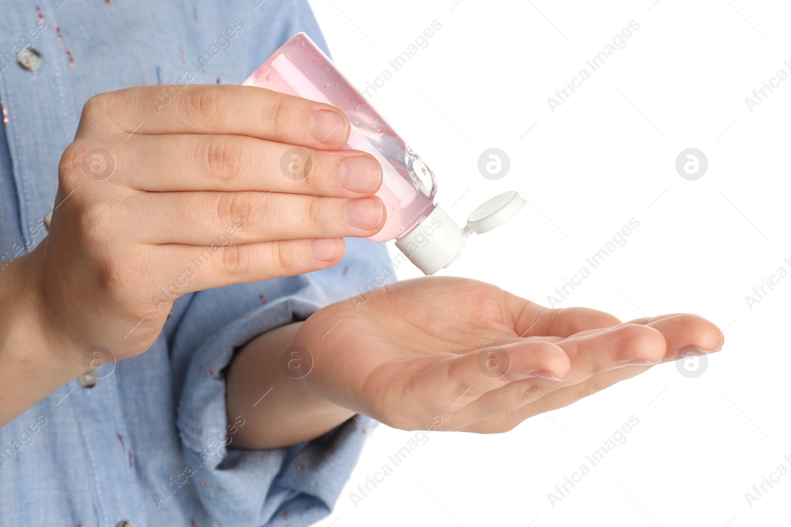 Photo of Woman applying sanitizer gel on white background, closeup