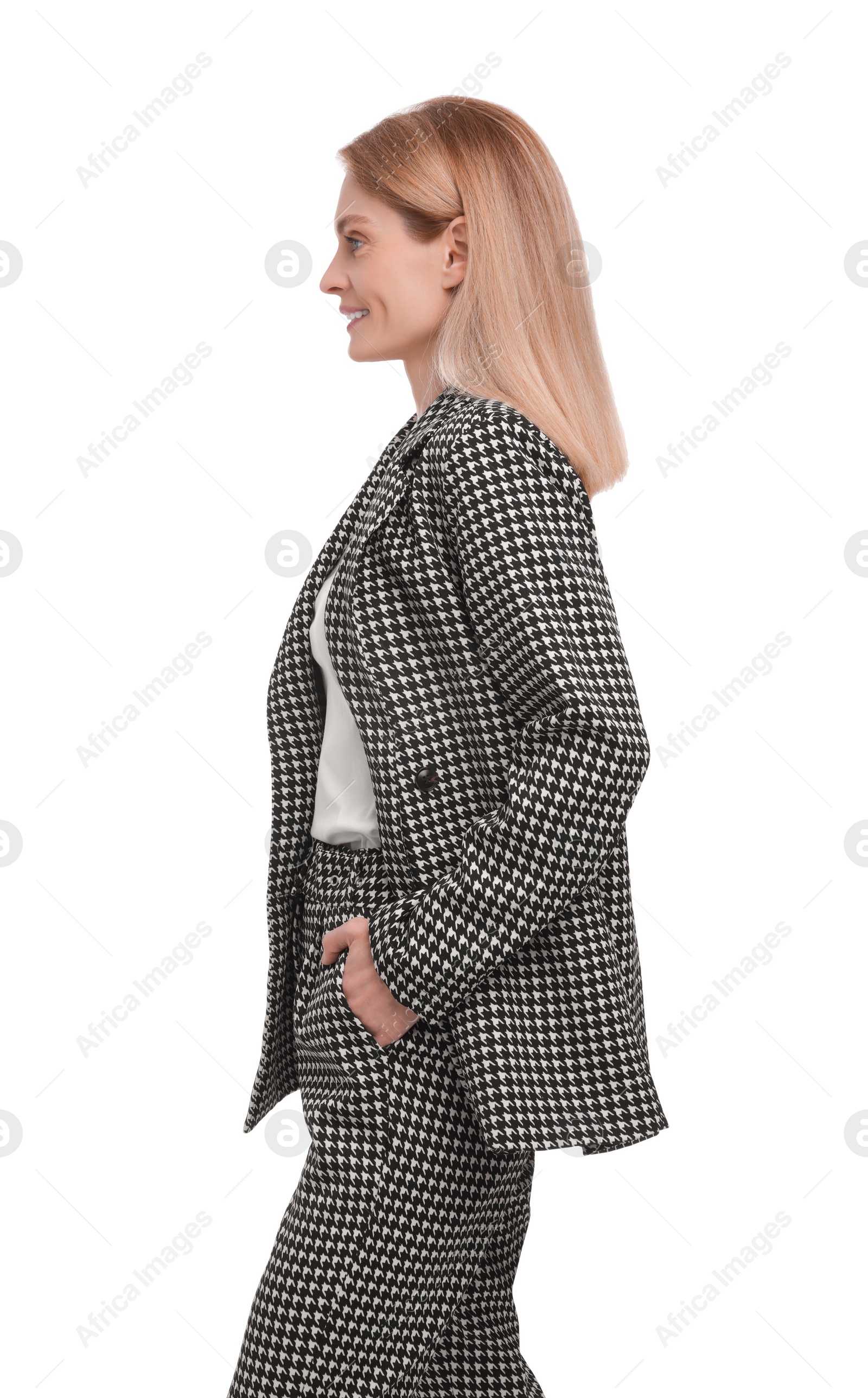 Photo of Beautiful happy businesswoman in suit on white background