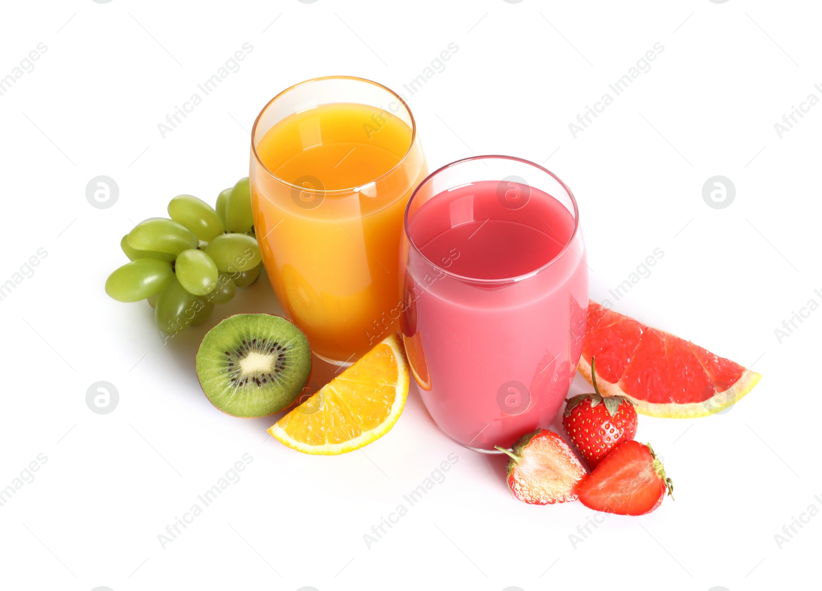 Photo of Glasses with different juices and fresh fruits on white background