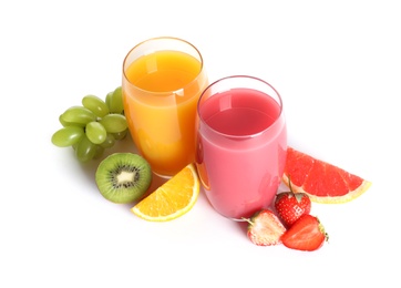 Glasses with different juices and fresh fruits on white background