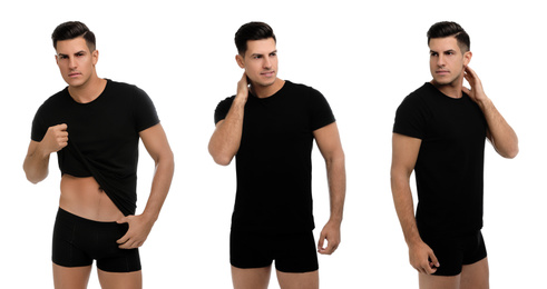 Collage of man in underwear and t-shirt on white background