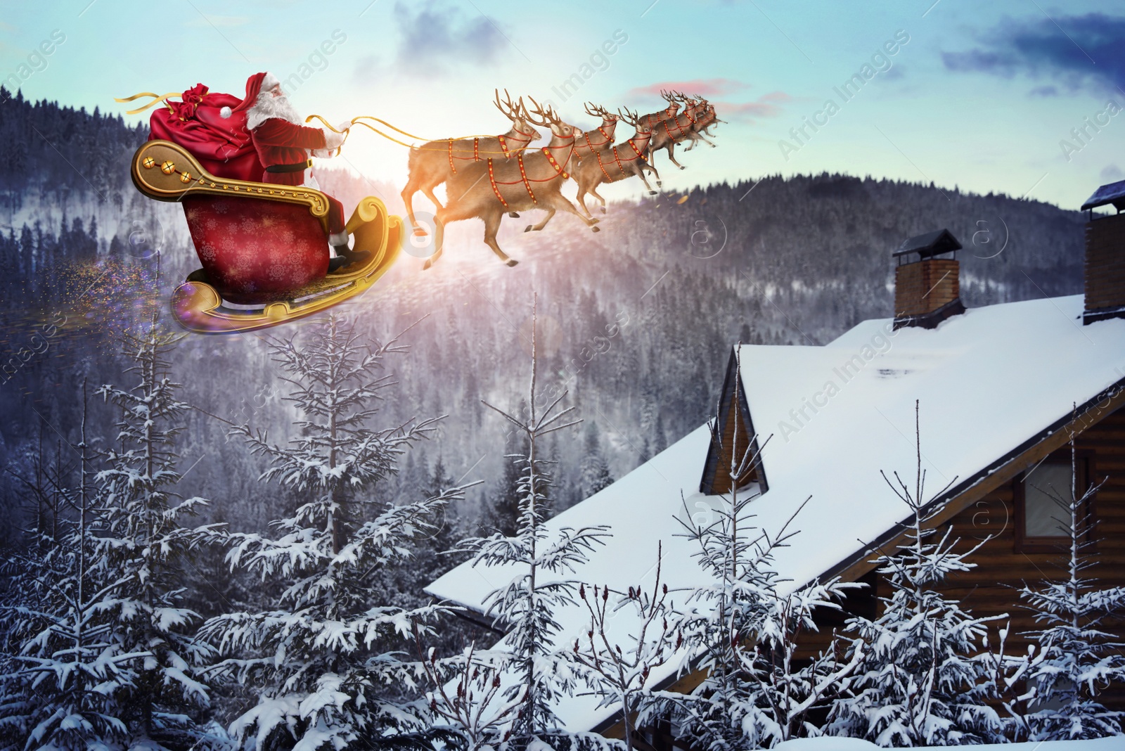 Image of Magic Christmas eve. Santa with reindeers flying in sky