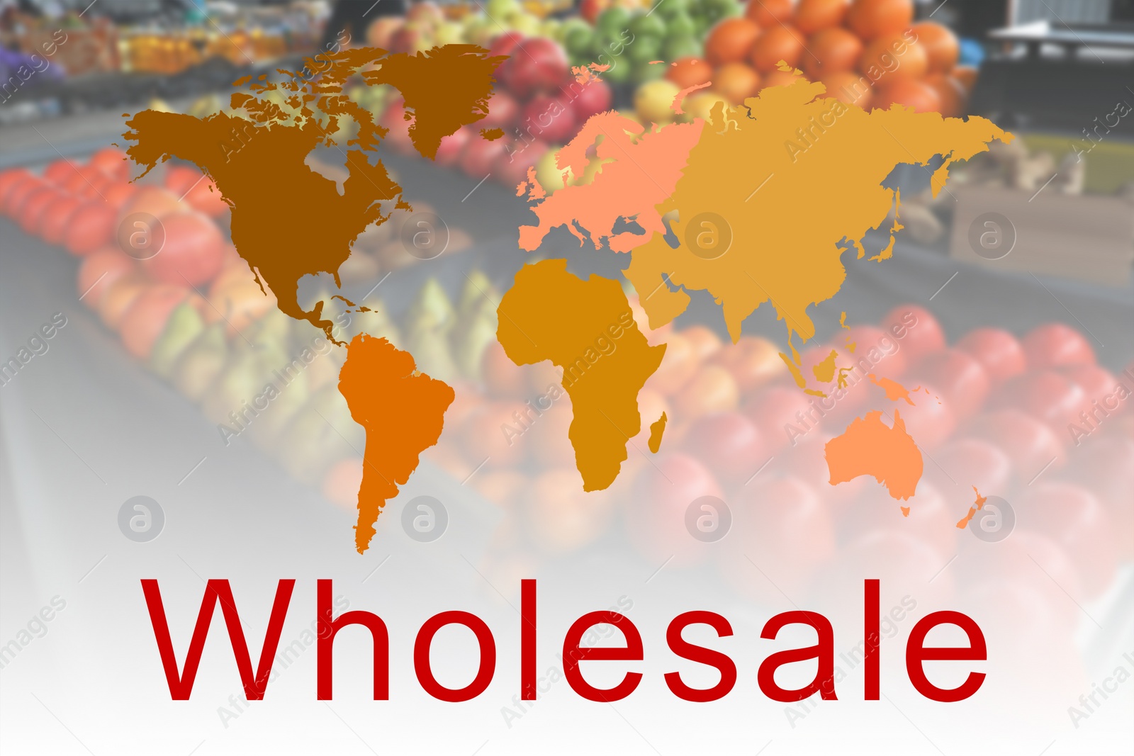 Image of Wholesale business. World map and blurred view of fruits on counter at market 