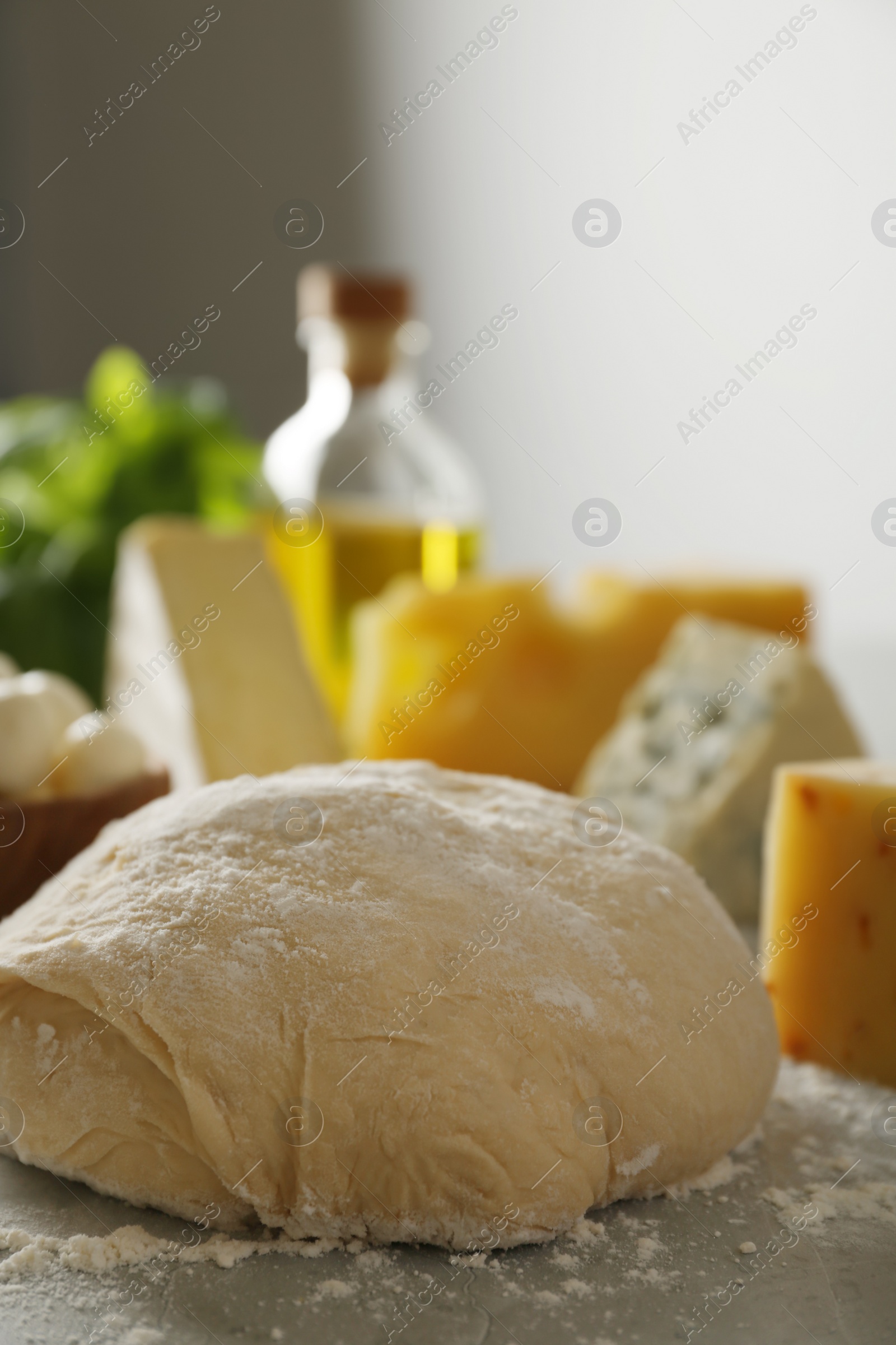 Photo of Dough and fresh ingredients for pizza on light table