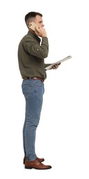 Photo of Man with clipboard talking on phone on white background