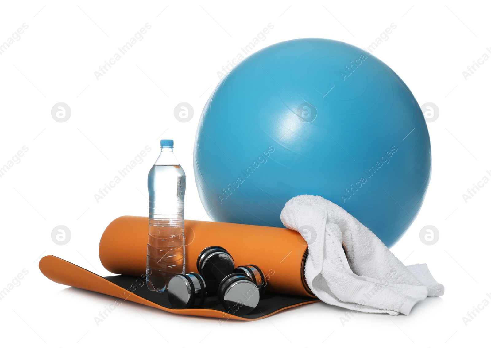 Photo of Fitness ball, bottle of water and sport accessories isolated on white