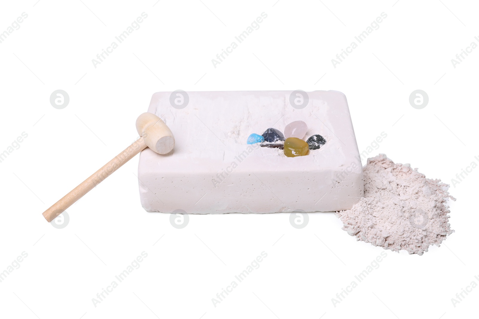 Photo of Excavation kit on white background. Educational toy for motor skills