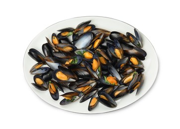 Photo of Plate of cooked mussels with parsley isolated on white, top view